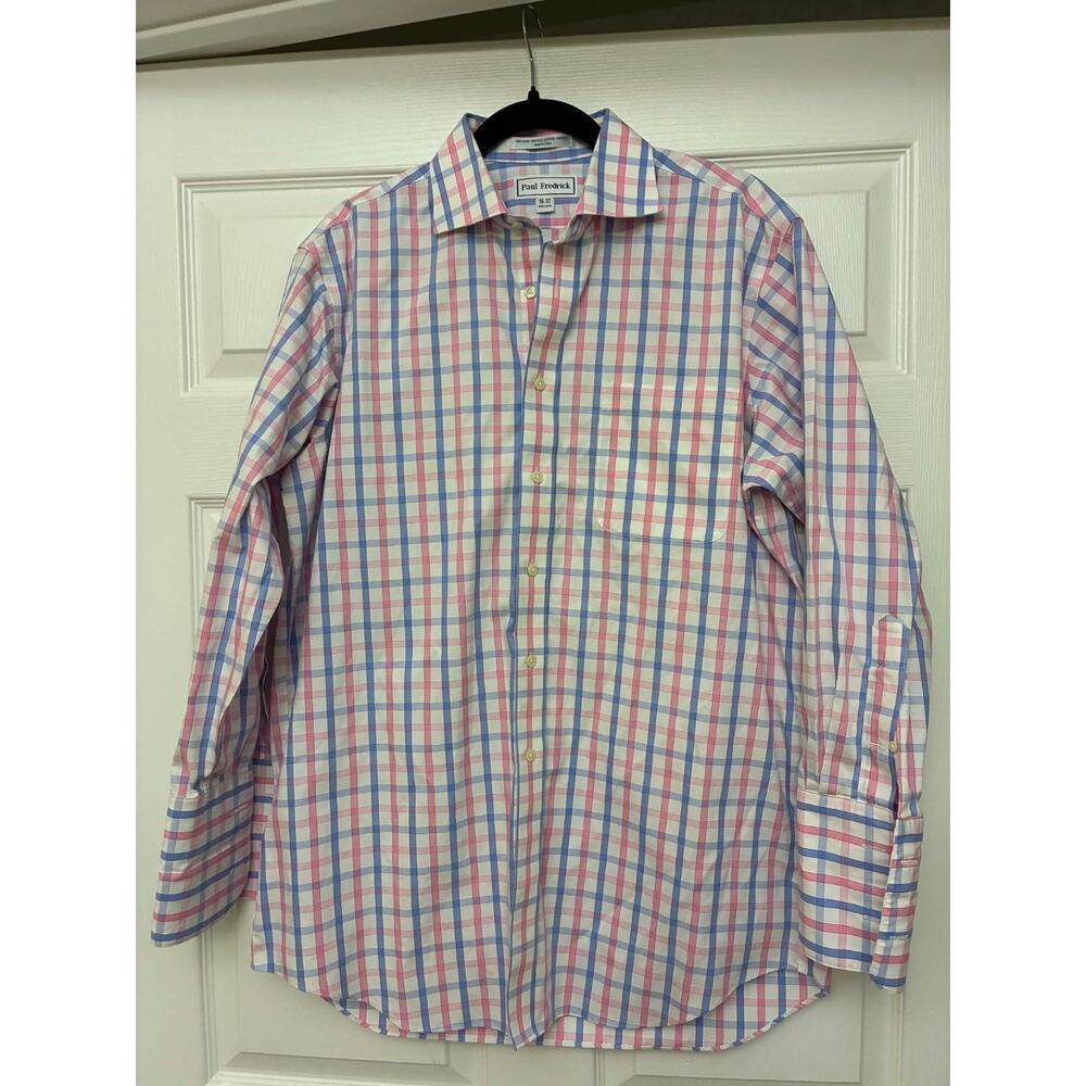 Paul Fredrick Mens Dress Shirt 16-32 Pink Blue Plaid Non-Iron Cotton